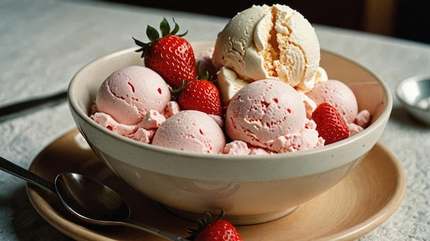 Ice cream with strawberries in a plate