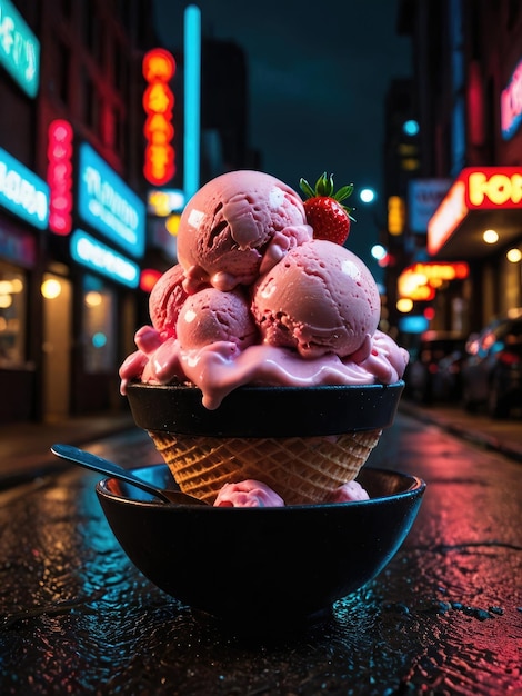 Ice cream with strawberries in a plate