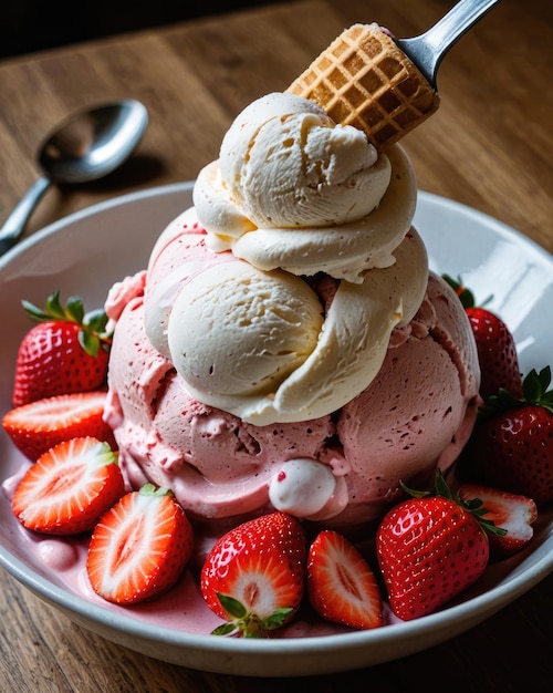 Ice cream with strawberries in a plate