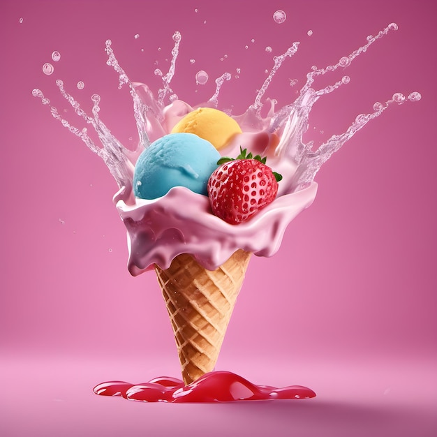 ice creame splashfrom a cone strawberry