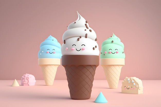 ice creams are in front of a pink background