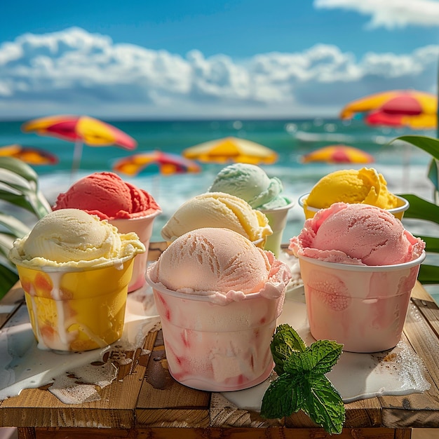 ice creams are on a tray on a beach with umbrellas in the background