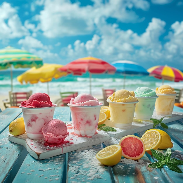 ice creams are on a tray on a beach with umbrellas in the background