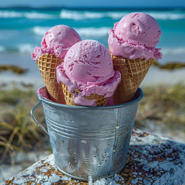 ice creams in a bucket on a beach with the ocean in the background