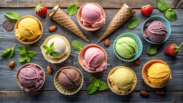 ice creams on a wooden background with a strawberry and mint leaves