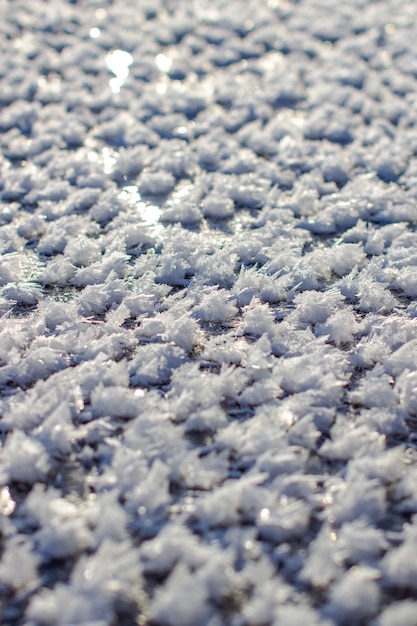 Ice crystals and white snowflakes near the water in winter. A cold, frosty winter morning. Hoarfrost near the reservoir.