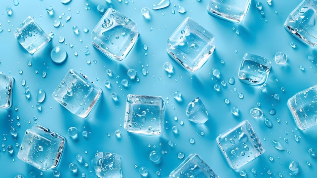 Photo ice cube background flat lay top view of ice cubes with water drops scattered on blue background ice concept for drinks