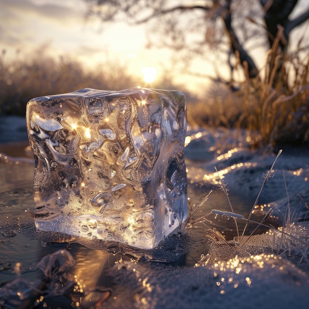 an ice cube with a distinctive and crystalline texture