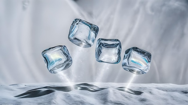 ice cubes are falling into a pool of water