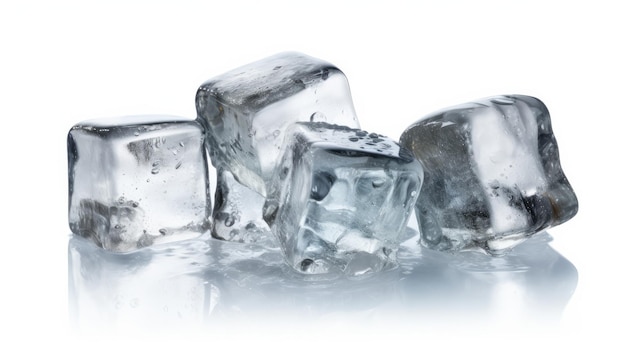 Ice cubes are shown on a white background.