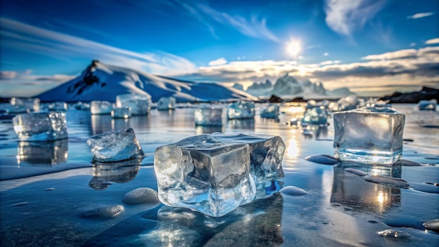 ice cubes are on the water with mountains in the background