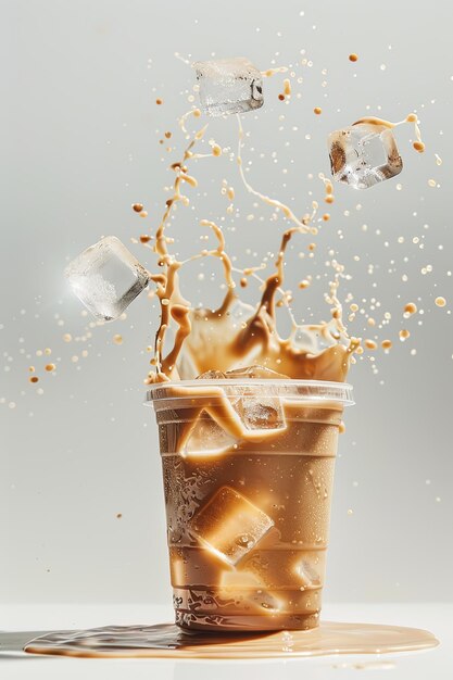 Ice cubes dropped into iced latte commercial shot plastic cup white background very realistic