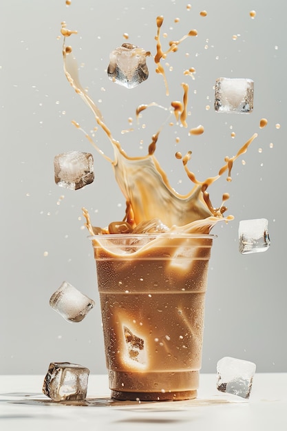 Ice cubes dropped into iced latte commercial shot plastic cup white background very realistic