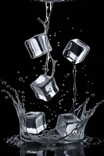 Photo ice cubes falling into water isolated on a clean dark background vertical composition