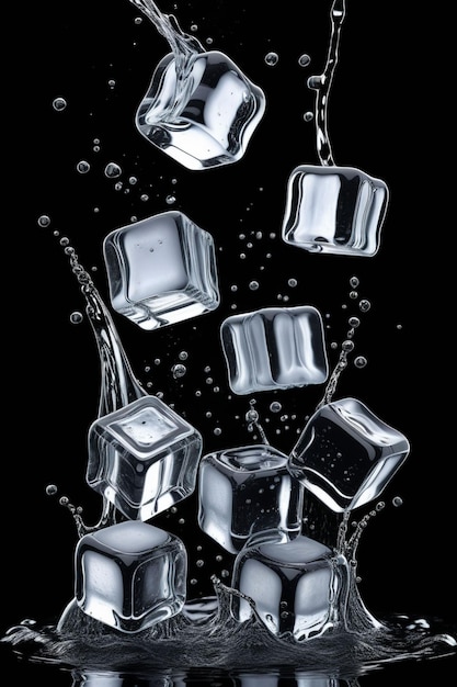 Photo ice cubes falling into water isolated on a clean dark background vertical composition