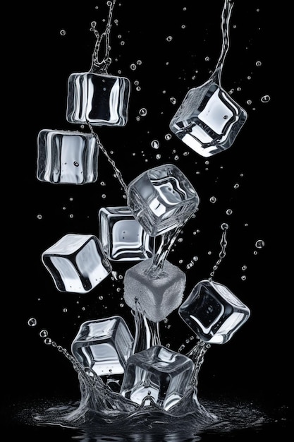 Photo ice cubes falling into water isolated on a clean dark background vertical composition