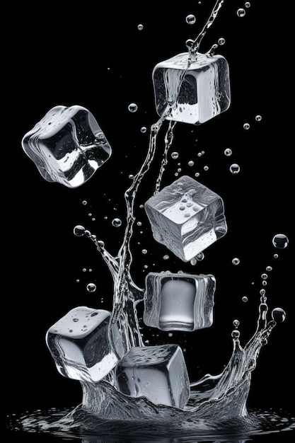 Photo ice cubes falling into water isolated on a clean dark background vertical composition