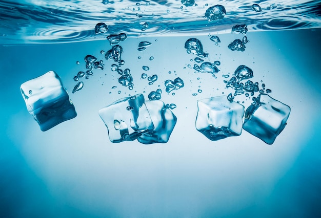 Ice cubes falling into the water sinking to the bottom. Abstract background.