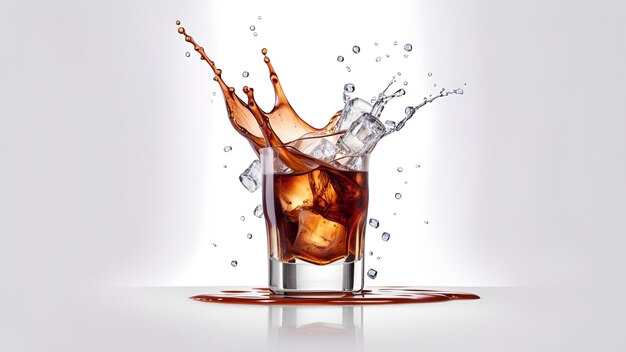 Ice cubes splash into a whiskey glass isolated on white Brandy in a glass with ice cola drink