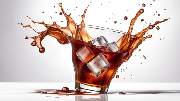 Ice cubes splash into a whiskey glass isolated on white Brandy in a glass with ice cola drink