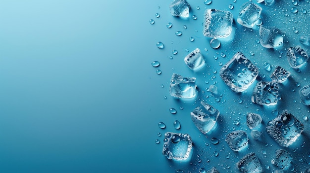 Photo ice cubes and water droplets on a blue background