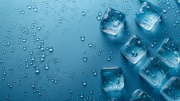 Ice Cubes and Water Droplets on a Blue Background