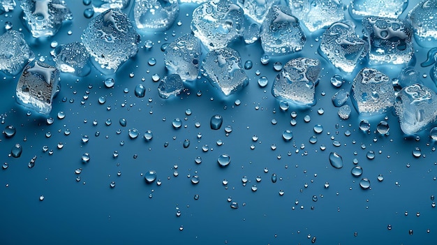 Photo ice cubes and water droplets on a blue surface