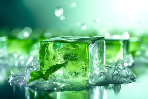 Ice cubes with a mint leaf on the top