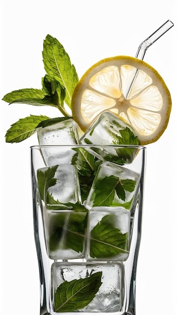 Ice cubes with mint and slice of lemon