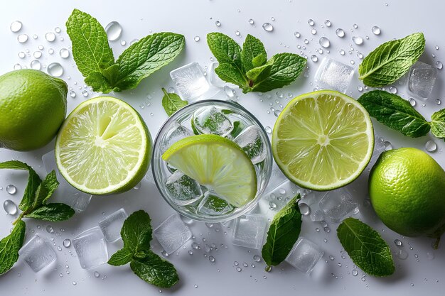 Ice cubes with sliced lime and mint leaves