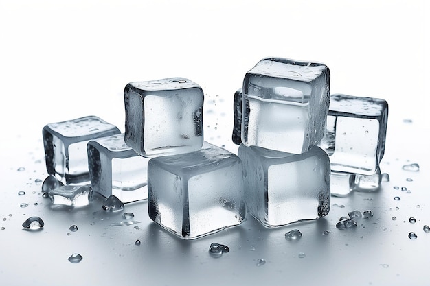 Ice cubes with water drops scattered on a white background Side view