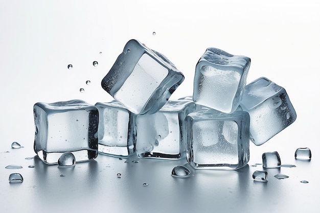 Ice cubes with water drops scattered on a white background Side view