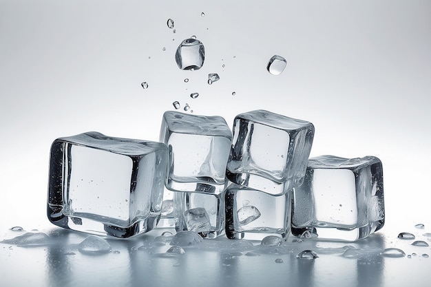 Ice cubes with water drops scattered on a white background Side view