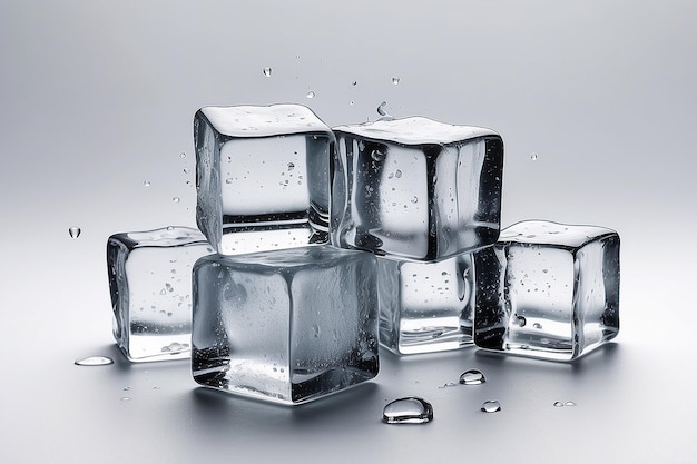 Ice cubes with water drops scattered on a white background Side view