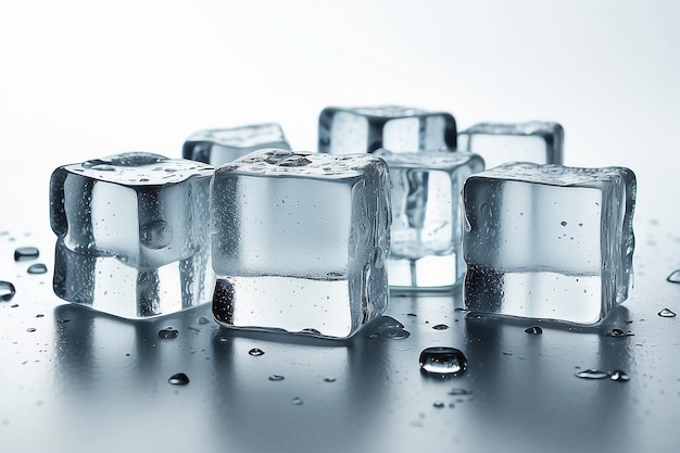 Ice cubes with water drops scattered on a white background Side view