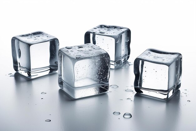 Ice cubes with water drops scattered on a white background Side view