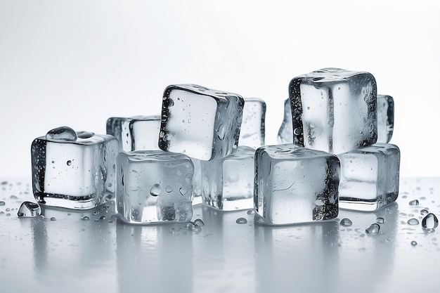 Ice cubes with water drops scattered on a white background Side view