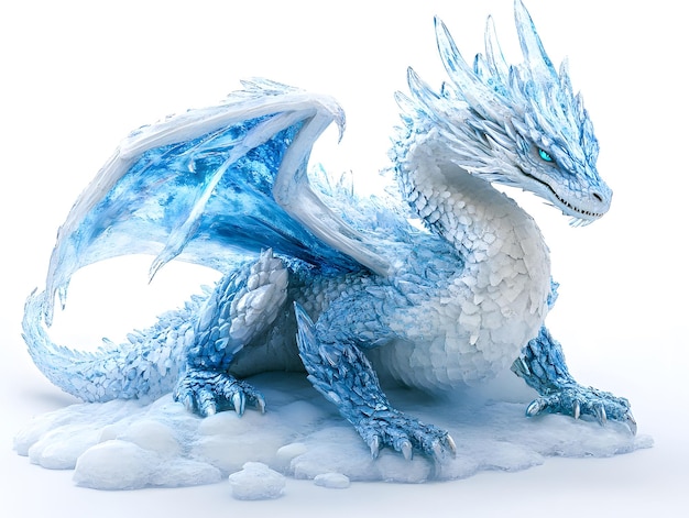 Photo ice dragon illustration with blue scales and wings on white background