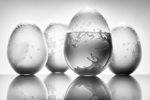 Ice easter eggs. Monochrome easter image of frozen ice eggs with patterns on white. Generative AI