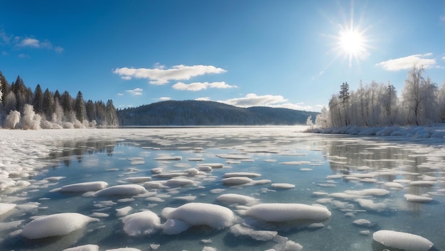 ice floating in the water with trees and mountains in the background