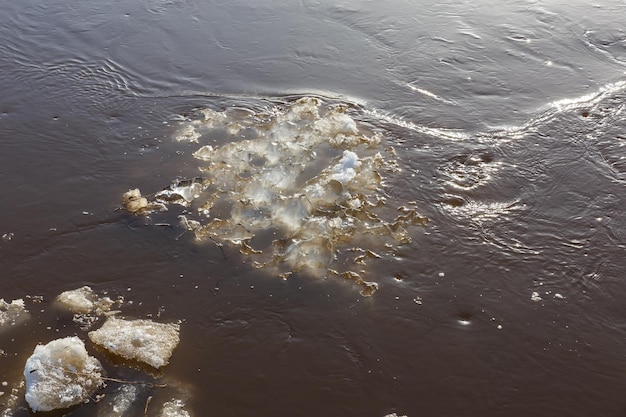 Ice floe drifts downstream in springtime spring flood