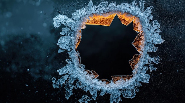 Ice formation with jagged edges revealing a warm glow in the center dark background