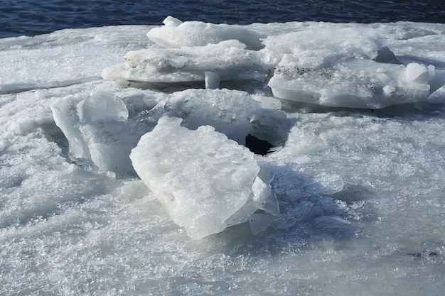 Ice on the frozen river at winter close up