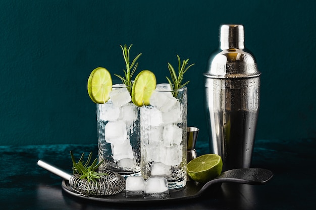 Ice in a glass on the table. ready to make a summer cocktail. bar accessories