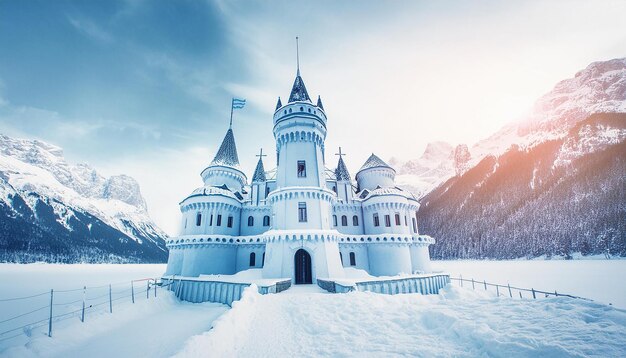 Photo ice kingdom a magnificent ice palace surrounded by snowy mountains and frosty landscapes