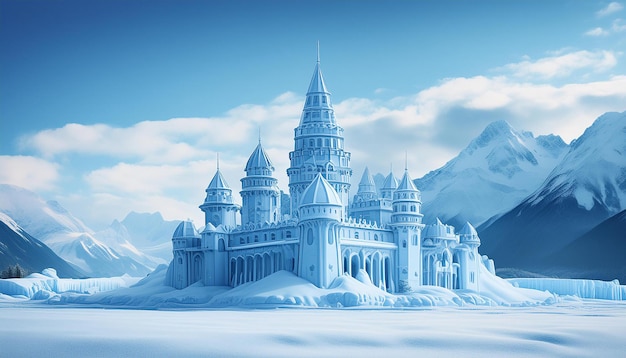 Photo ice kingdom a magnificent ice palace surrounded by snowy mountains and frosty landscapes