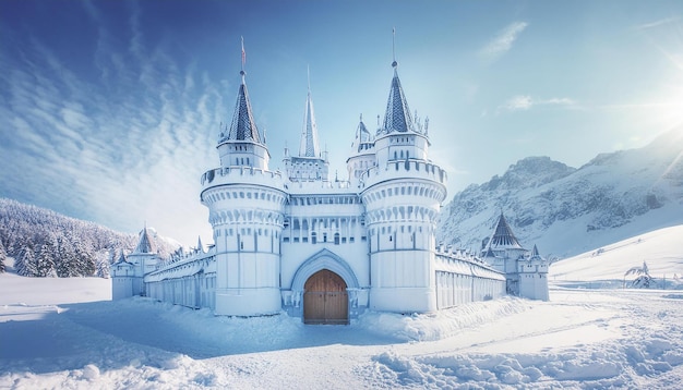 Photo ice kingdom a magnificent ice palace surrounded by snowy mountains and frosty landscapes