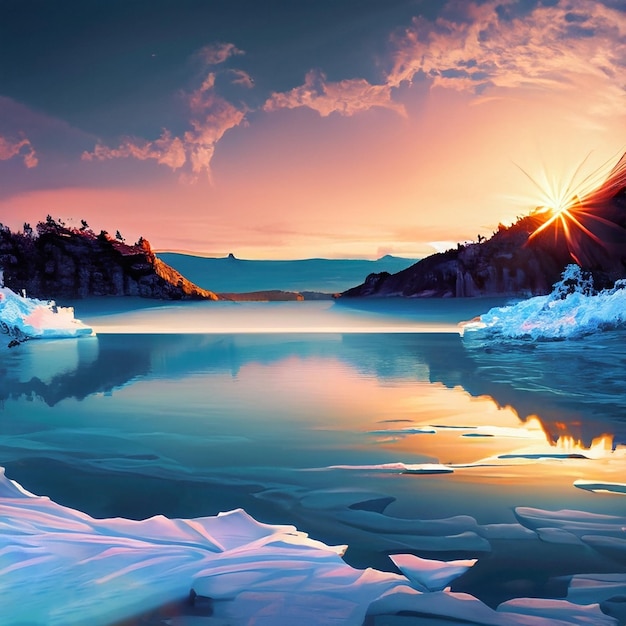 Ice landscape and sunset