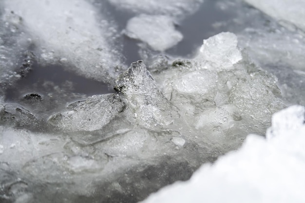 Ice melting on the river ice floes in water