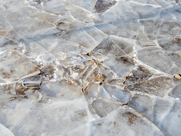 Ice plate cracked on water freezing in Iceland for background